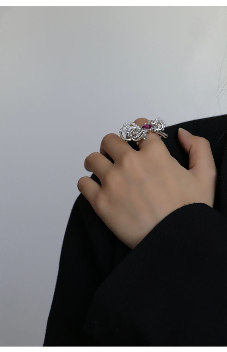 Sahi Love Heart Enamel Bow Adjustable Ring