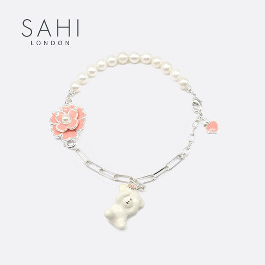 Sahi Gold Enameled Pearl Bear Chain Bracelet