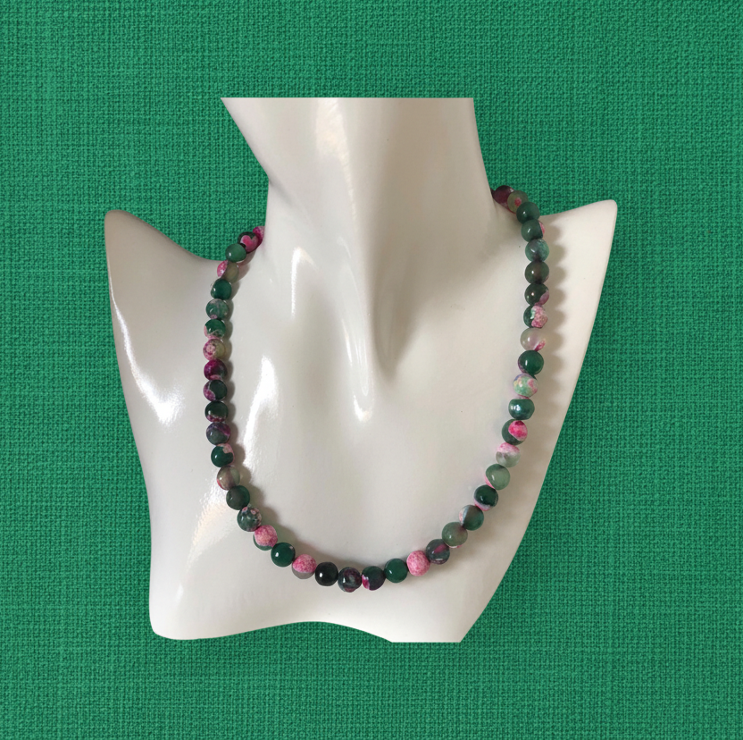 Pink and Green Agate & 925 Silver Beaded Necklace