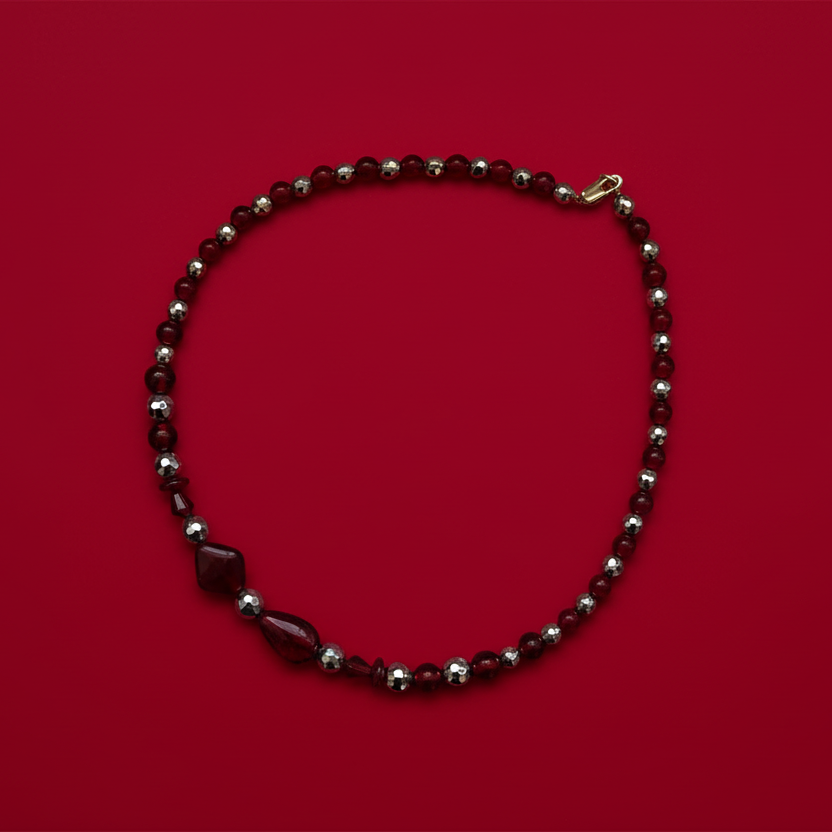 Red Glass and Hematite Beaded Necklace