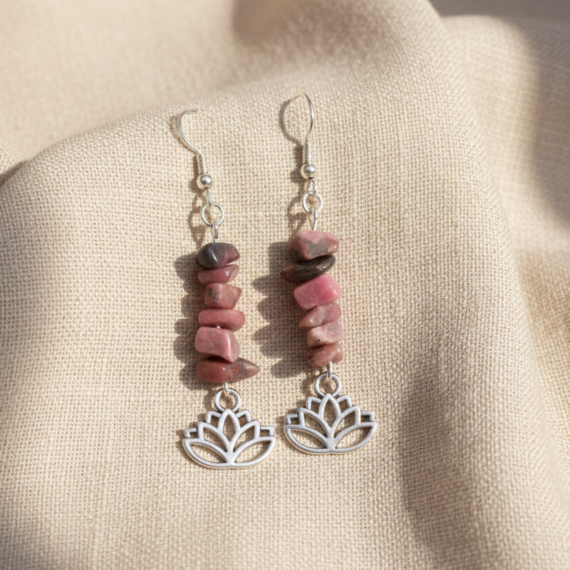 Lotus Flower Pink Rhodonite Dangle Earrings