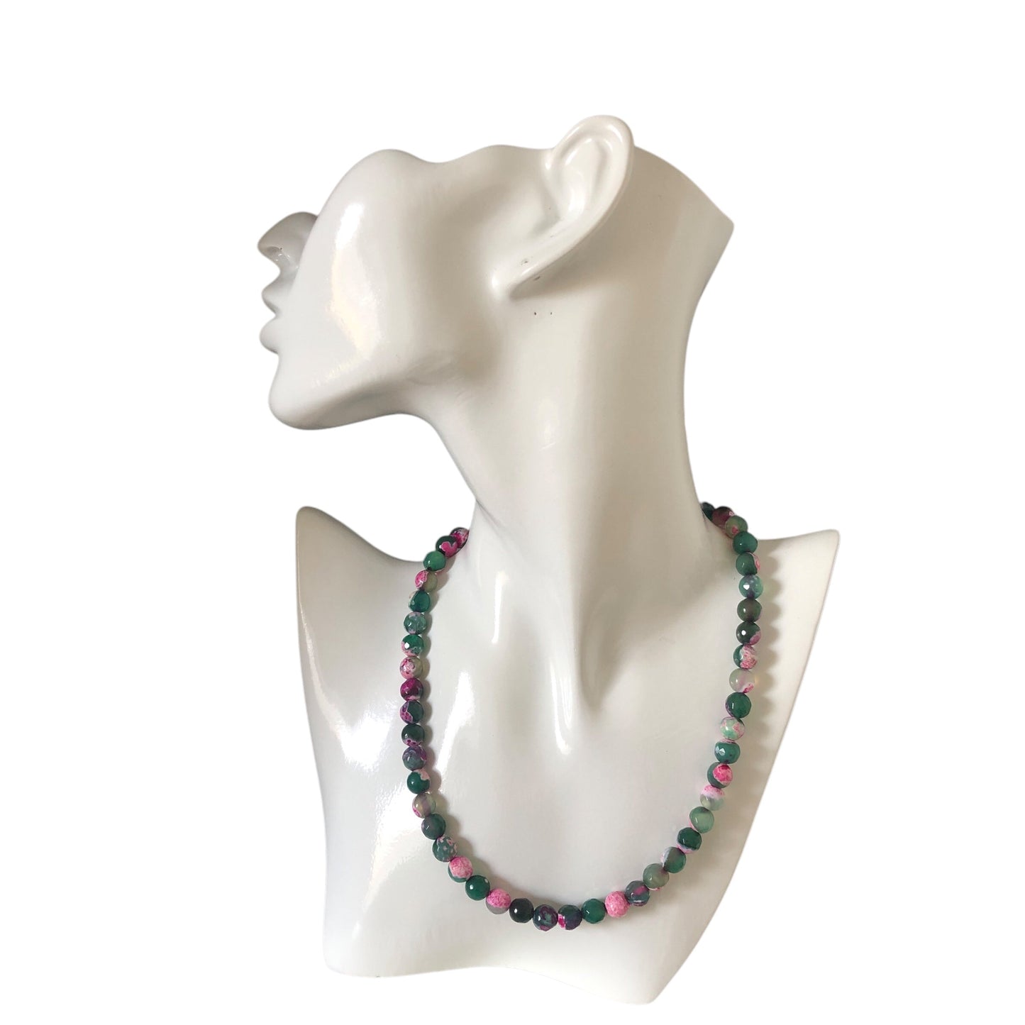 Pink and Green Agate & 925 Silver Beaded Necklace