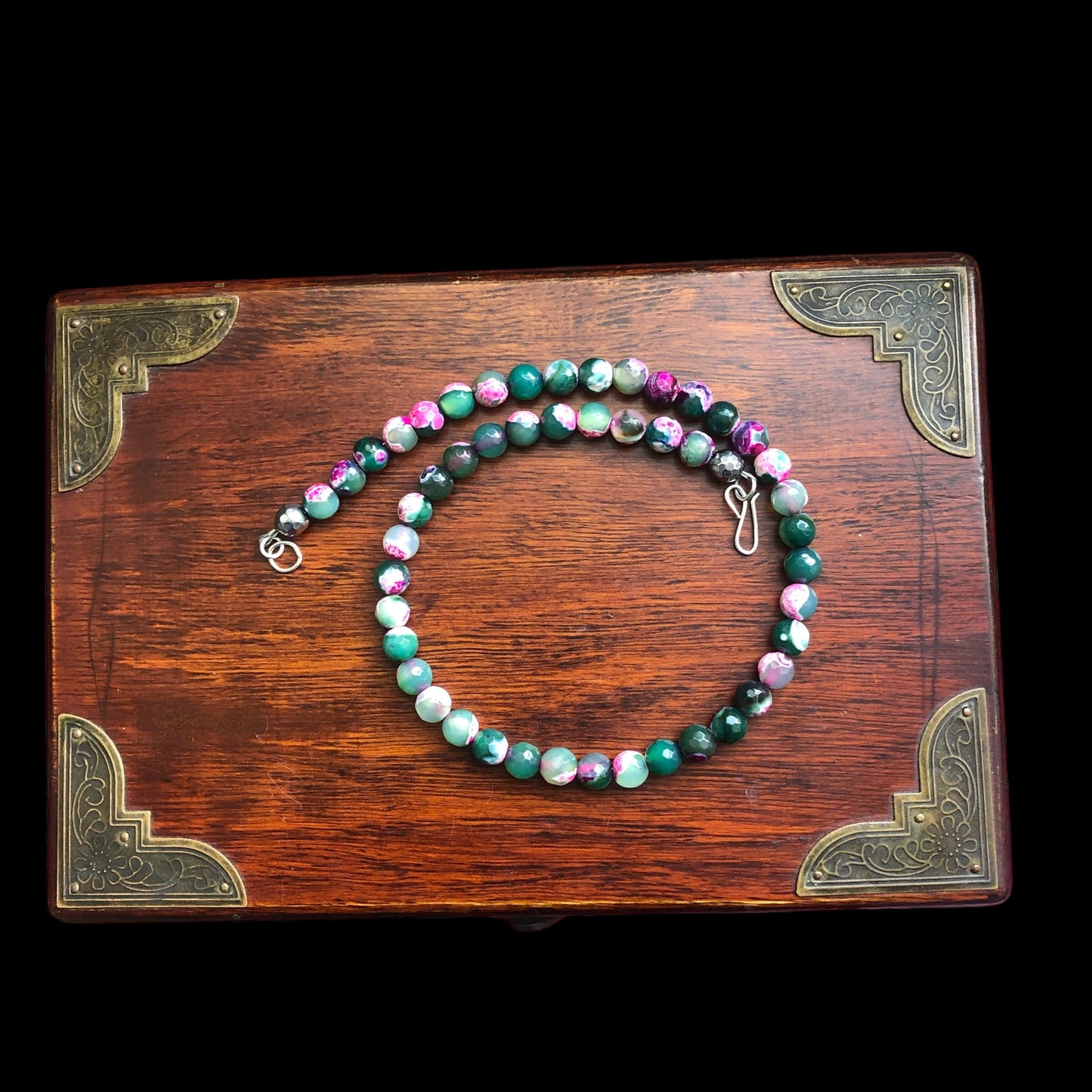 Pink and Green Agate & 925 Silver Beaded Necklace