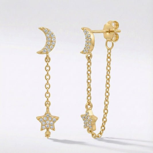 Imogen Moon & Star Drop Chain Earrings | 18k Gold Plated