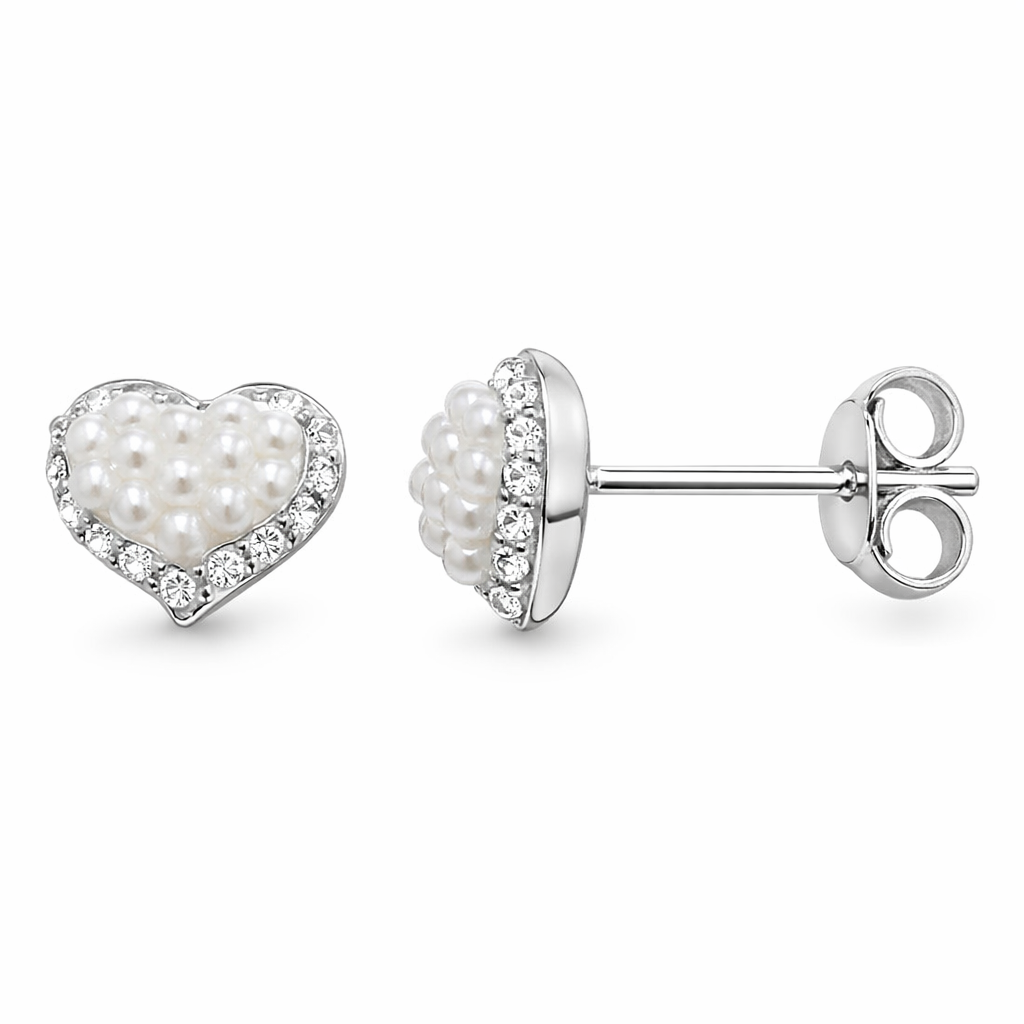 Pearl and Cubic Zirconia Heart Stud Earrings