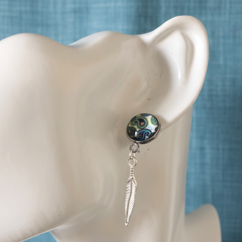 Paisley and Feathers Silver plated Stud Earrings - White