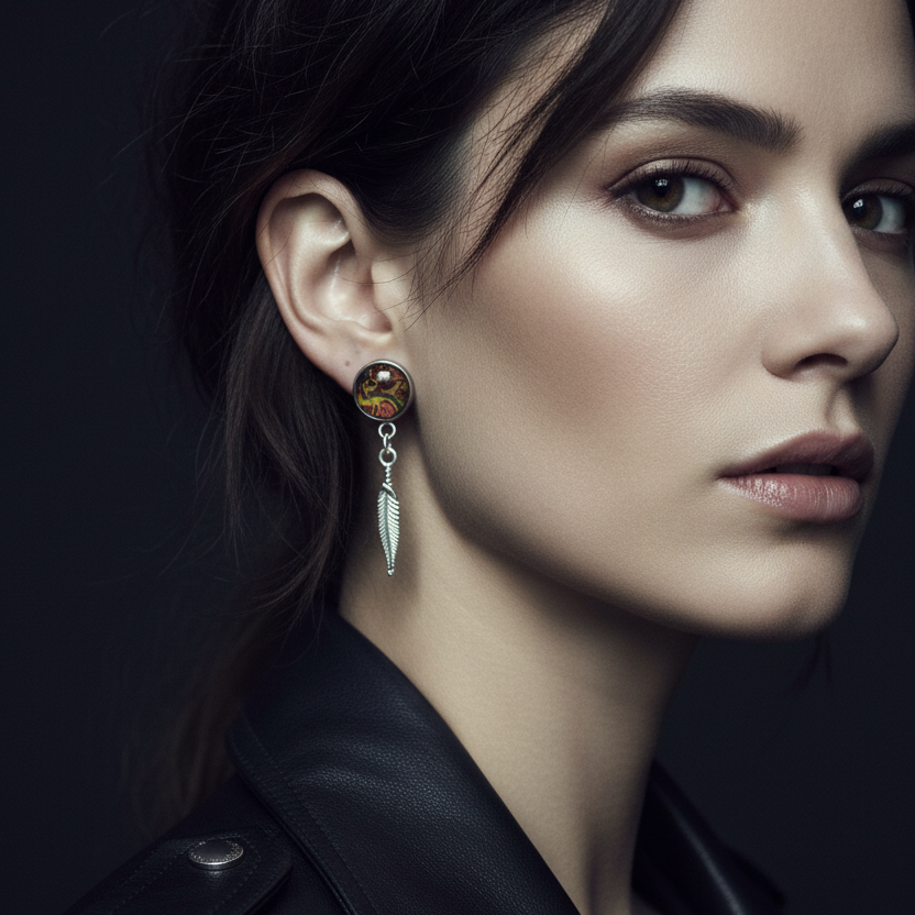 Paisley and Feathers Silver plated Stud Earrings - Multi-coloured