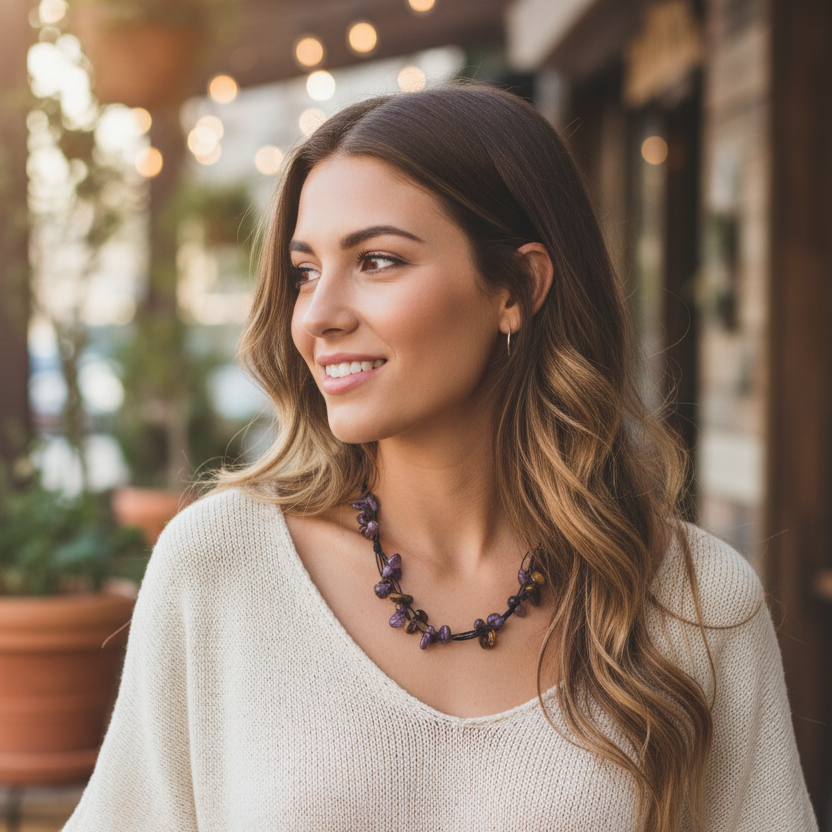 Beaded Necklace with Amethyst and Tiger Eye Chips