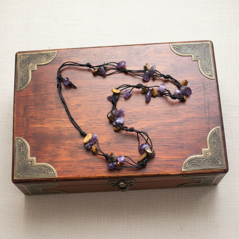 Beaded Necklace with Amethyst and Tiger Eye Chips