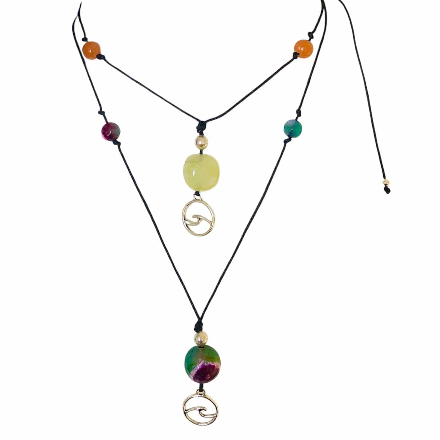 Black Thread Choker Necklace with Green and Pink Agate