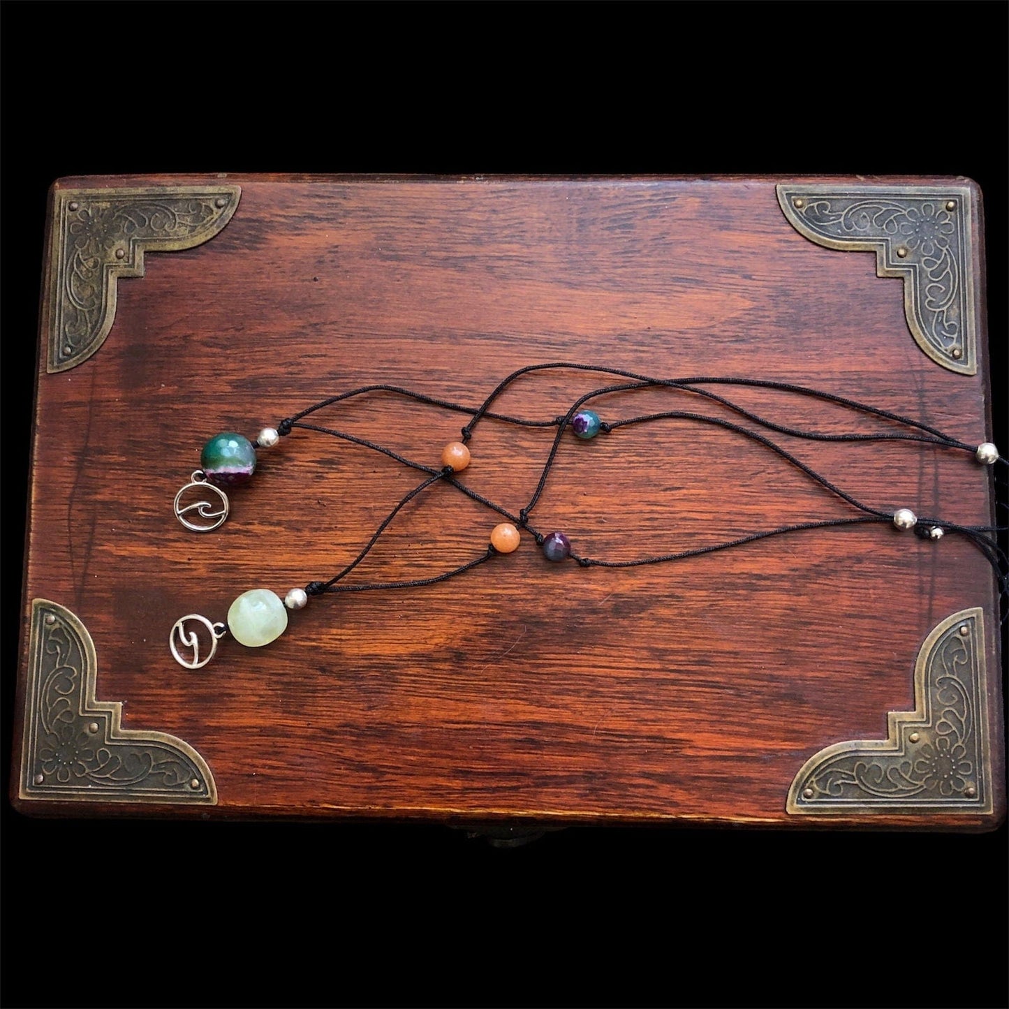 Black Thread Choker Necklace with Jade and Carnelian