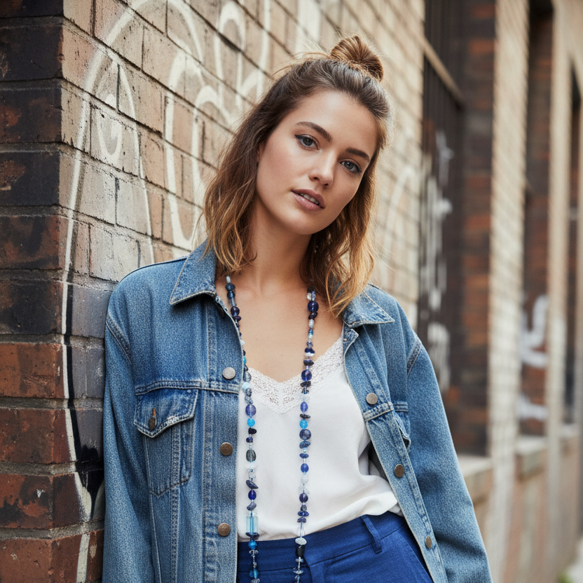 Blue Stones and Glass Beaded Long Necklace