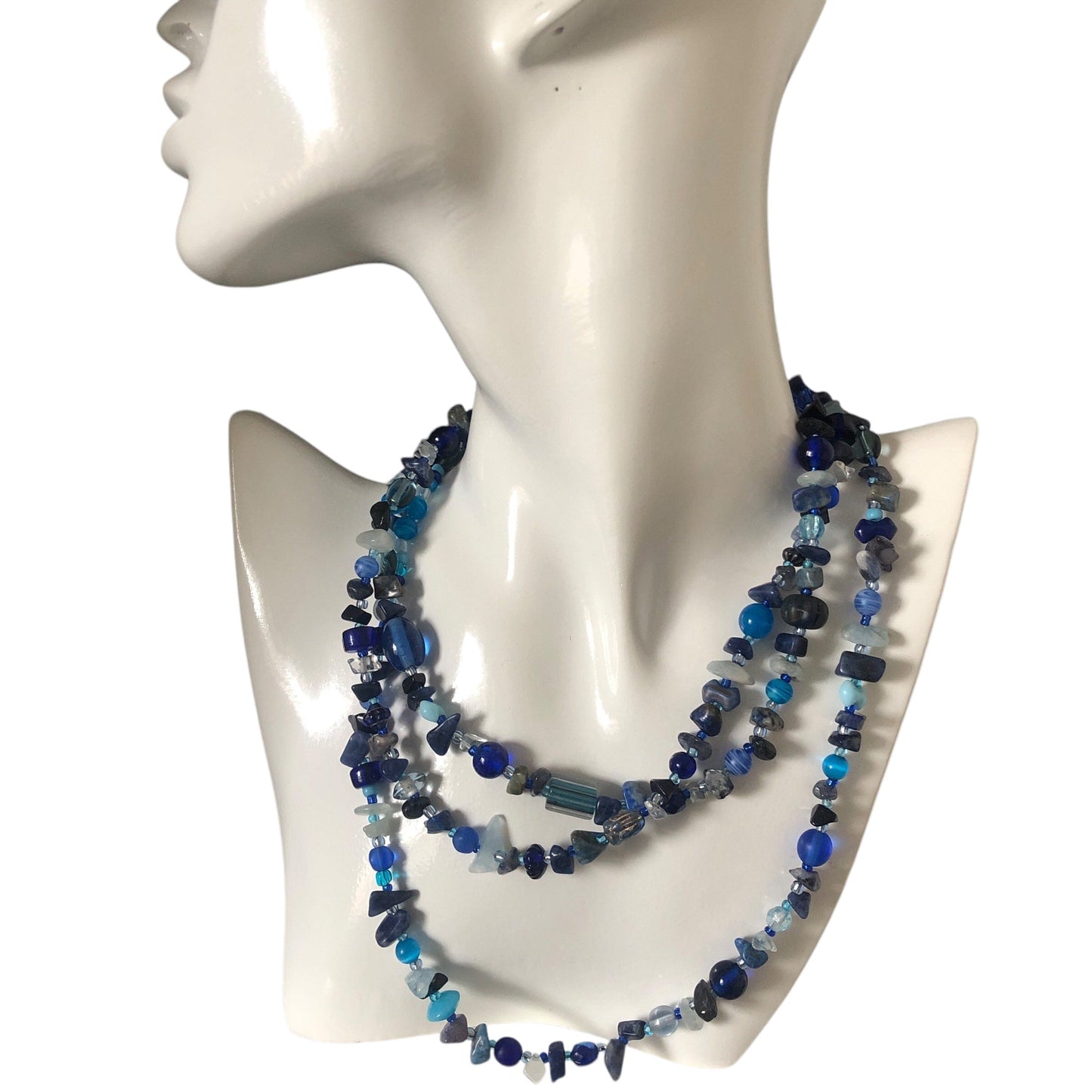 Blue Stones and Glass Beaded Long Necklace