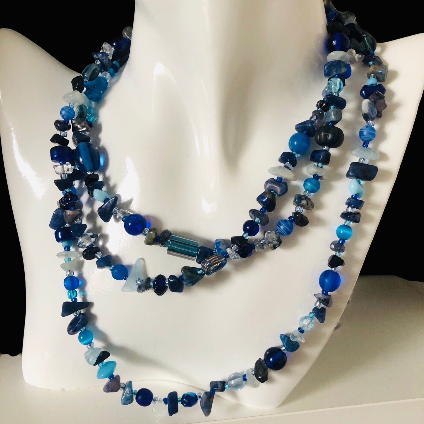 Blue Stones and Glass Beaded Long Necklace