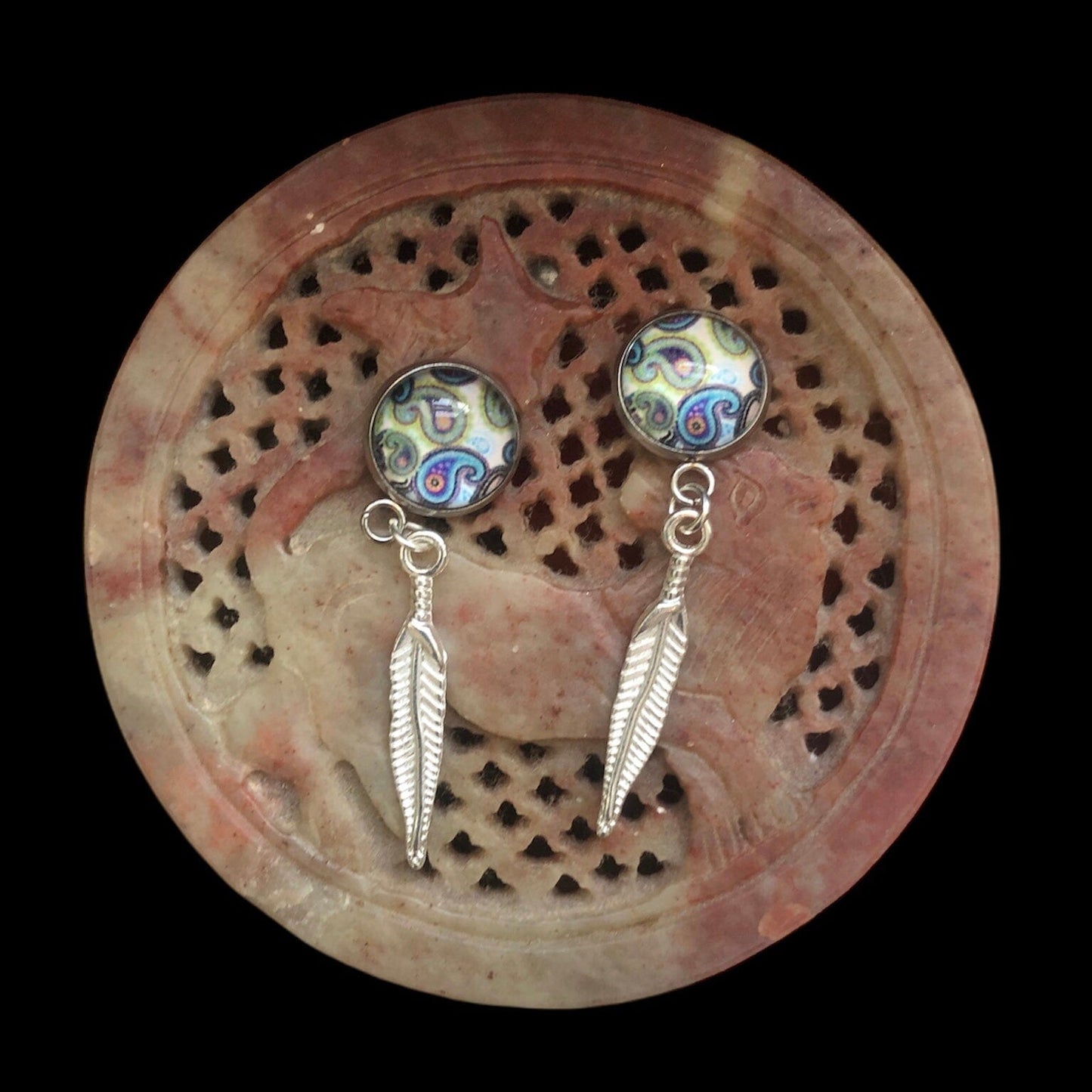 Paisley and Feathers Silver plated Stud Earrings - White