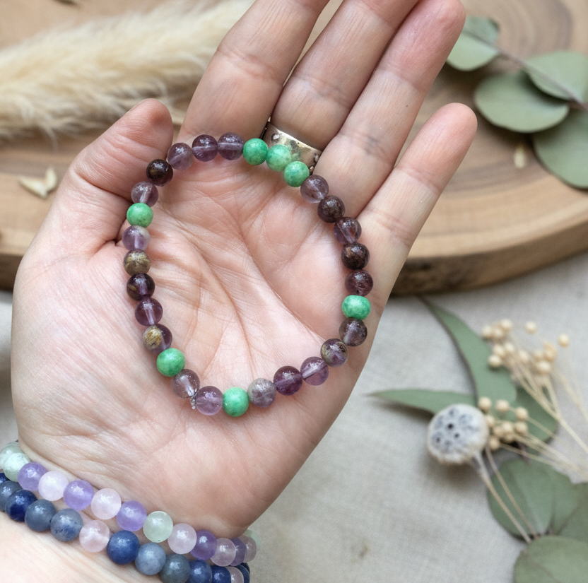 Fluorite and Green Jade Beaded Bracelet