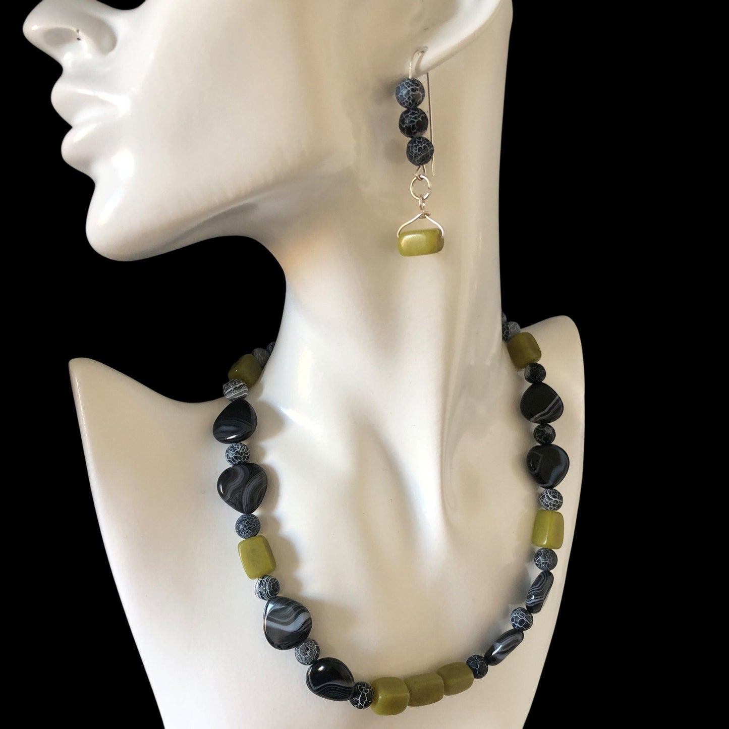 Frost Cracked Agates and Olive Jade 925 Silver Dangle Earrings