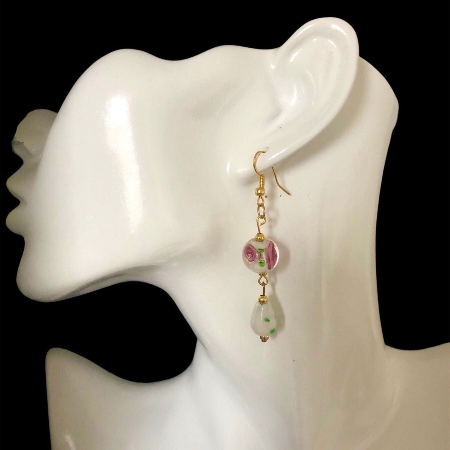 Glass Roses Gold Plated Dangle Earrings