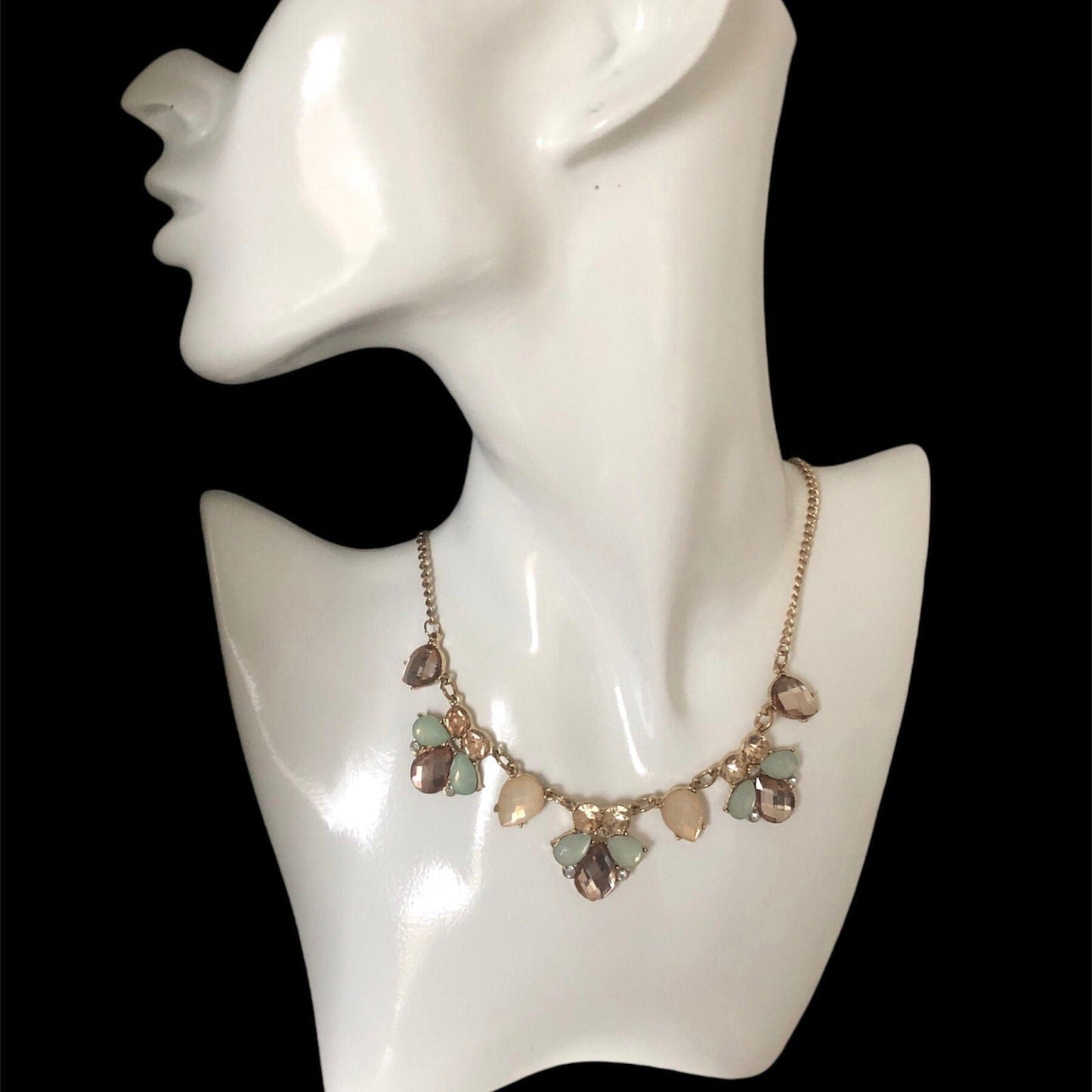 Gold Shade Vintage Style Bib Necklace with Pastel Crystals