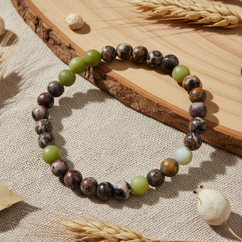Green Agate and Leopard Skin Jasper Beaded Bracelet