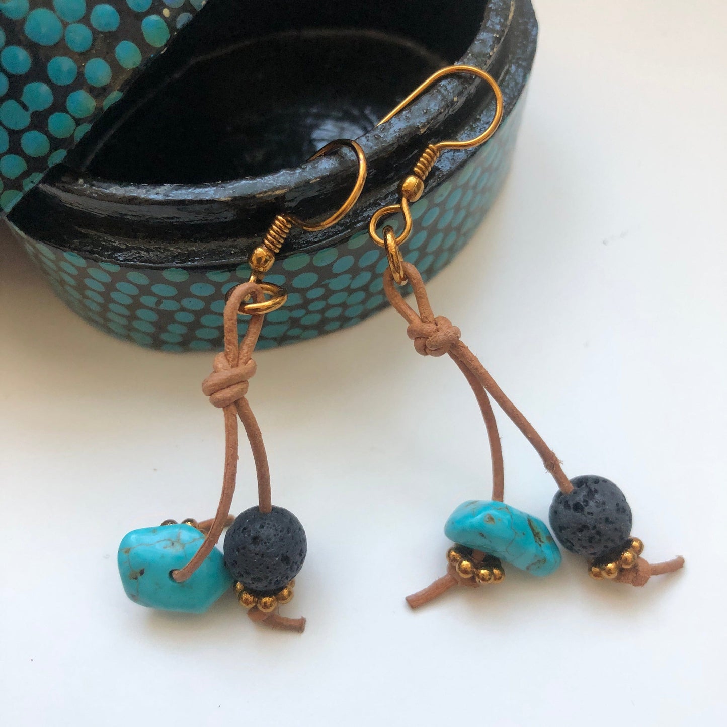 Handmade Turquoise and Lava Dangle Earrings