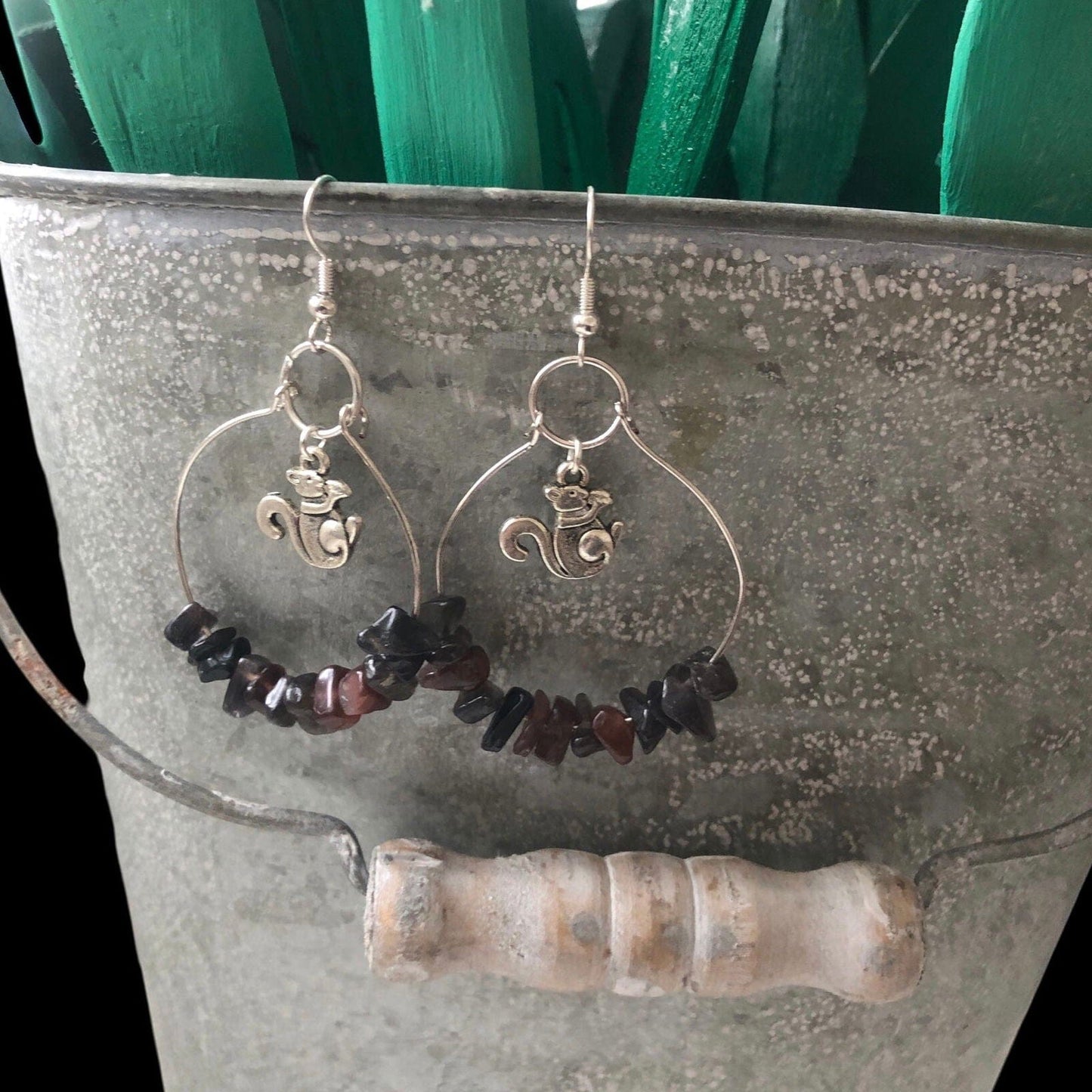 Hoop Earrings with Obsidian and Squirrel Charms