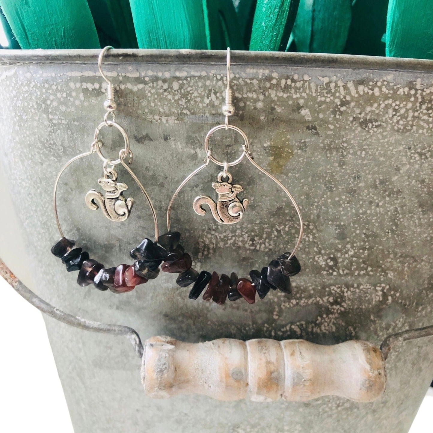 Hoop Earrings with Obsidian and Squirrel Charms