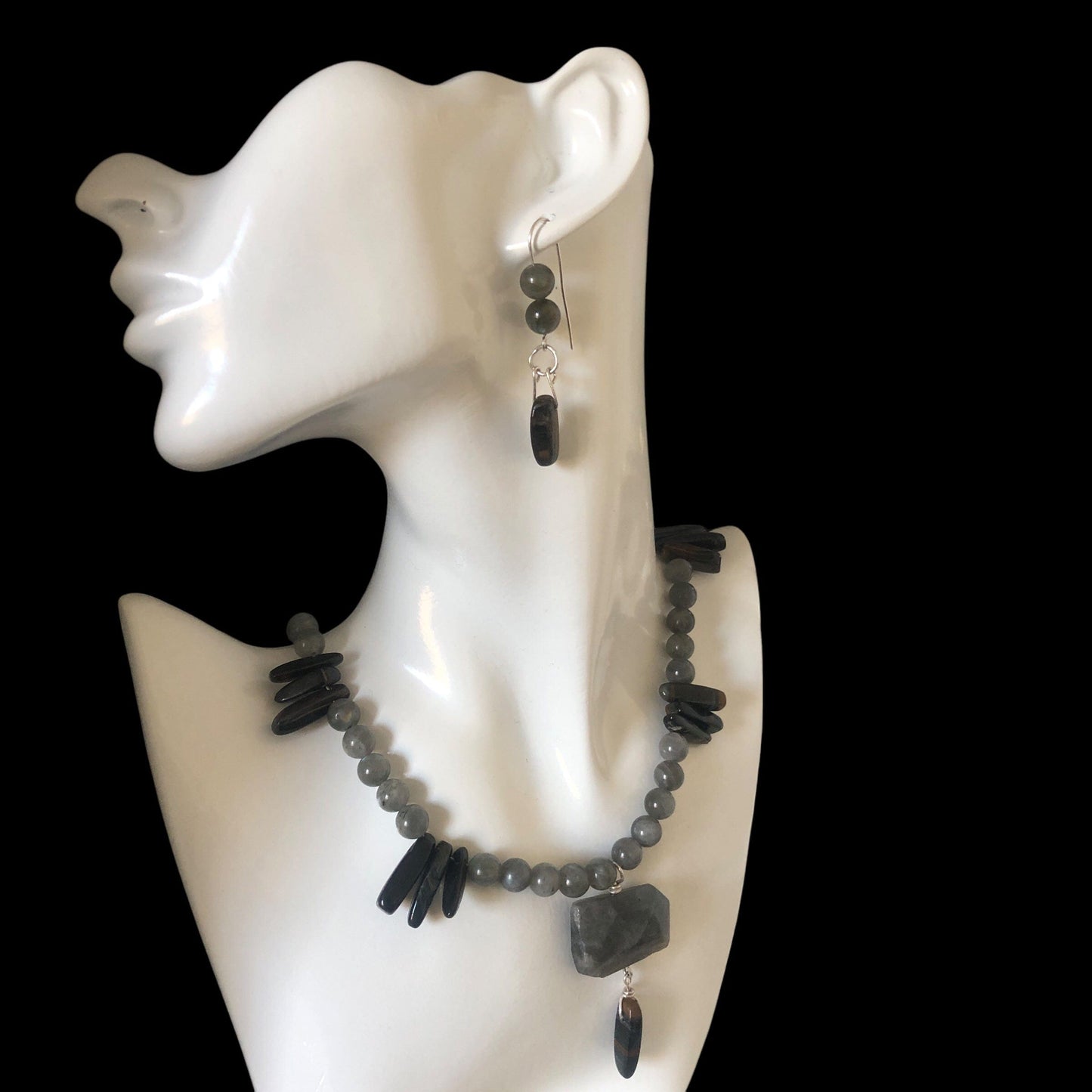 Labradorite and Blue Tiger Eye 925 Silver Dangle Earrings