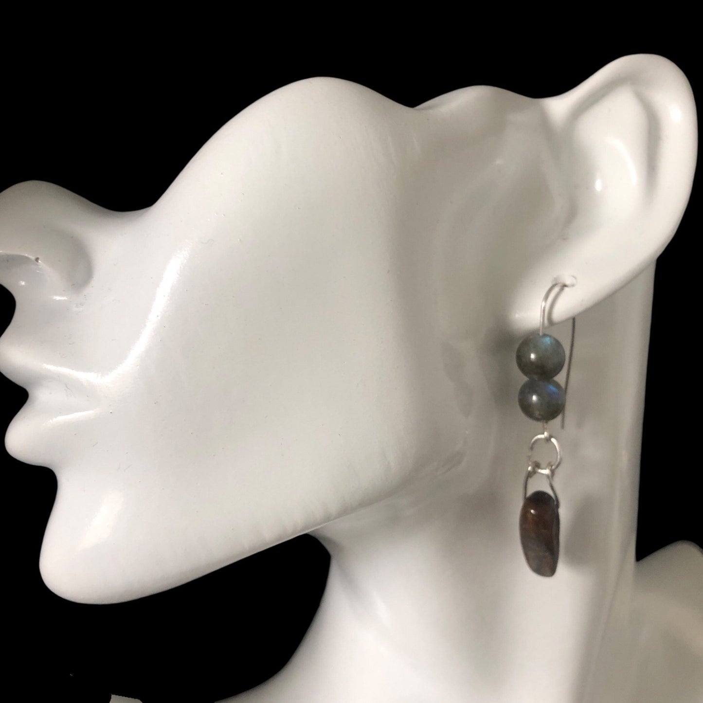Labradorite and Blue Tiger Eye 925 Silver Dangle Earrings