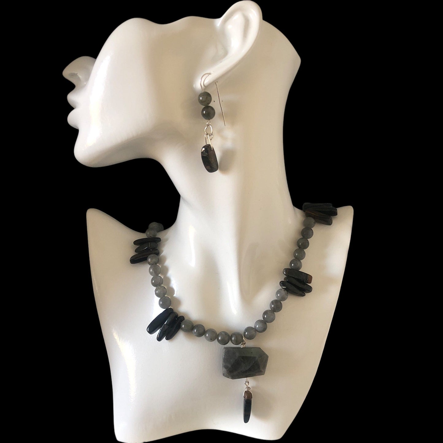 Labradorite and Blue Tiger Eye 925 Silver Dangle Earrings