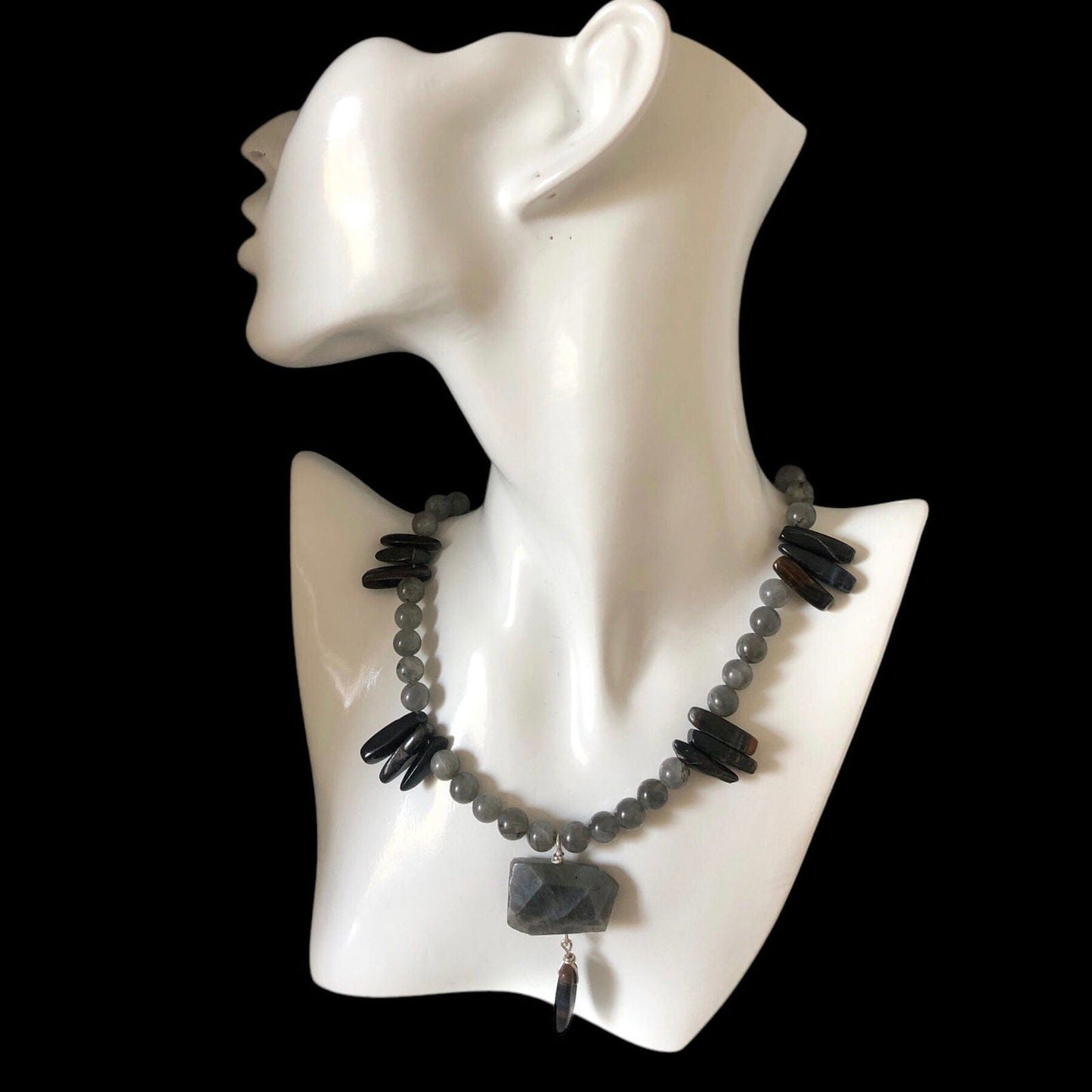 Moonstone and Blue Tiger Eye Beaded Necklace with Labradorite Pendant