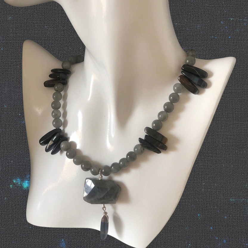 Moonstone and Blue Tiger Eye Beaded Necklace with Labradorite Pendant