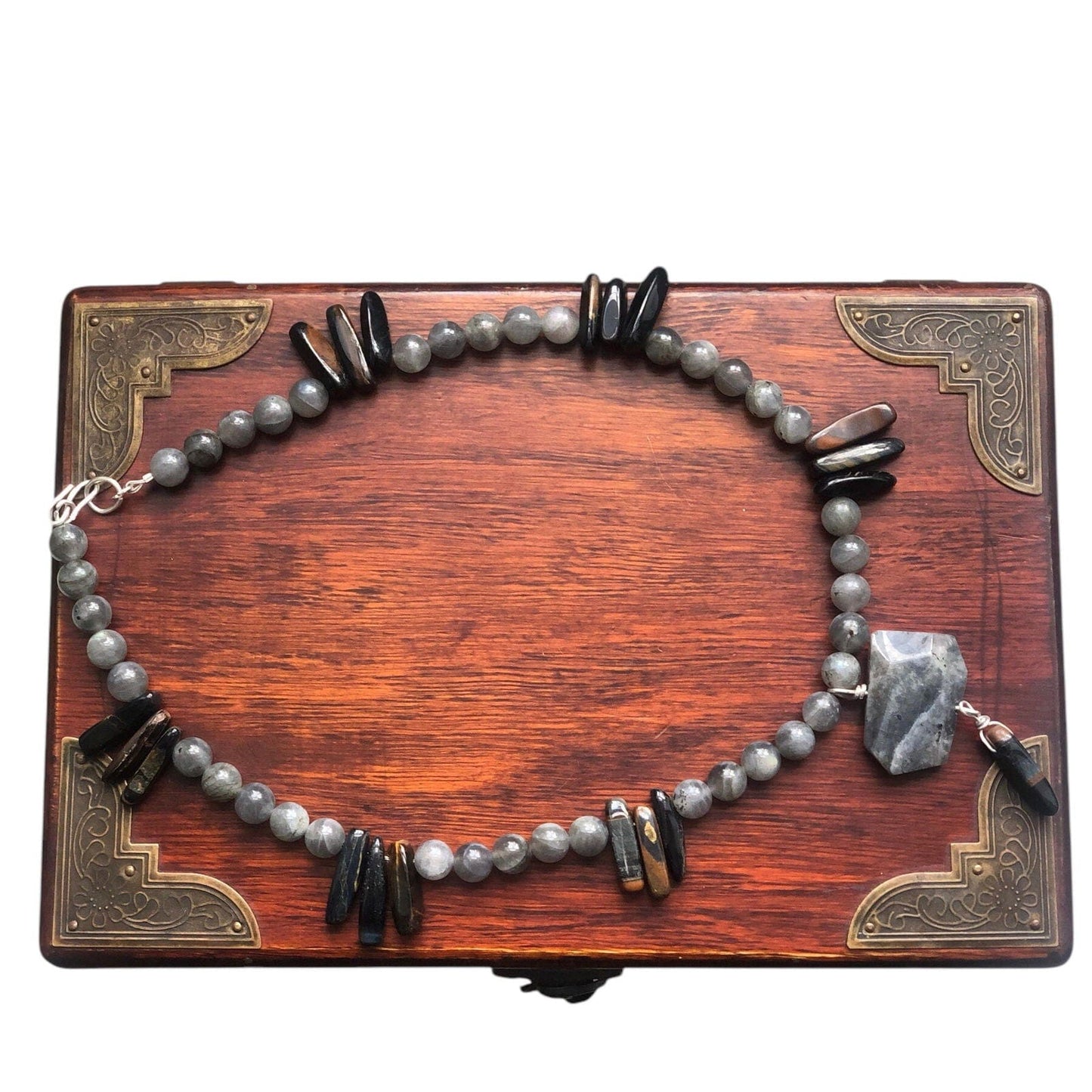 Moonstone and Blue Tiger Eye Beaded Necklace with Labradorite Pendant