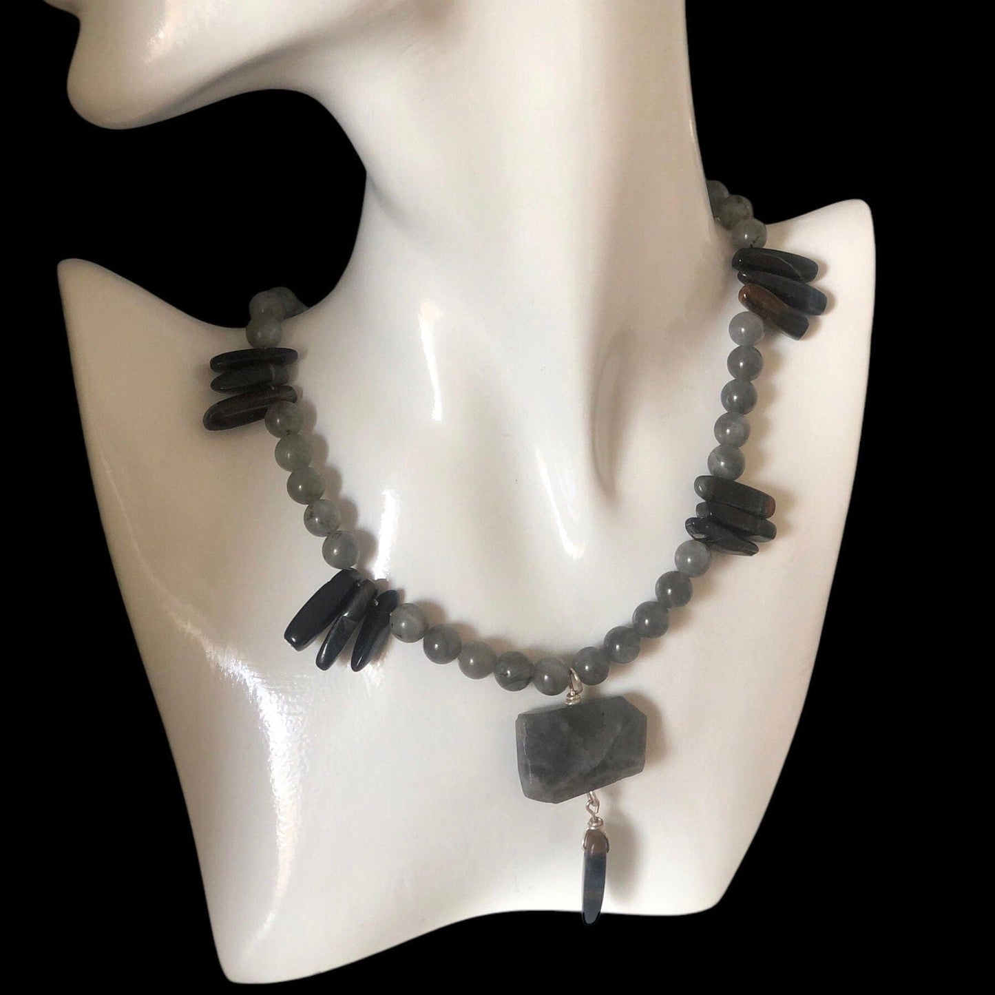 Moonstone and Blue Tiger Eye Beaded Necklace with Labradorite Pendant