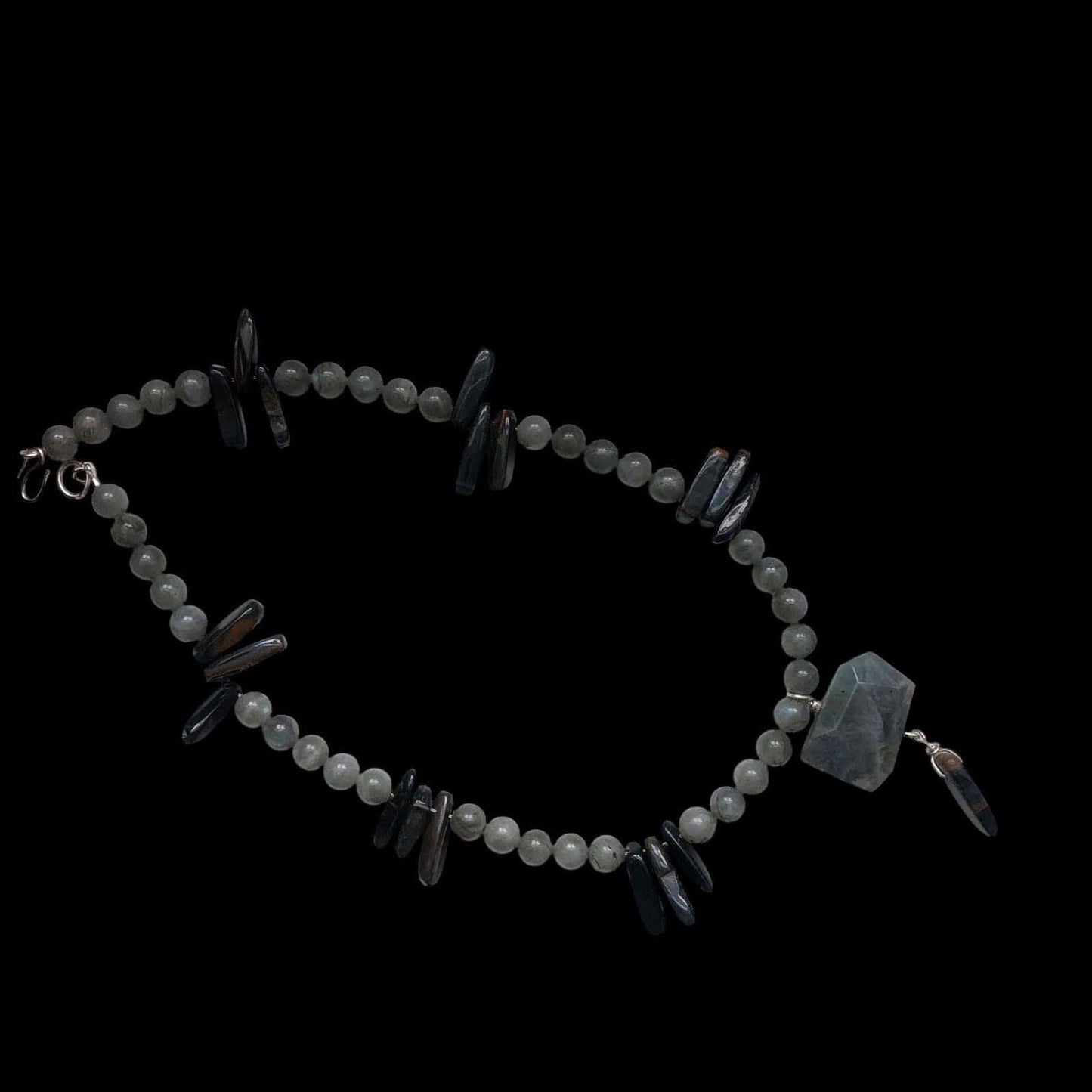 Moonstone and Blue Tiger Eye Beaded Necklace with Labradorite Pendant