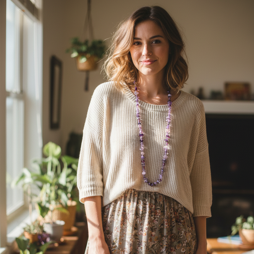 Purple Stones and Glass Beaded Long Necklace