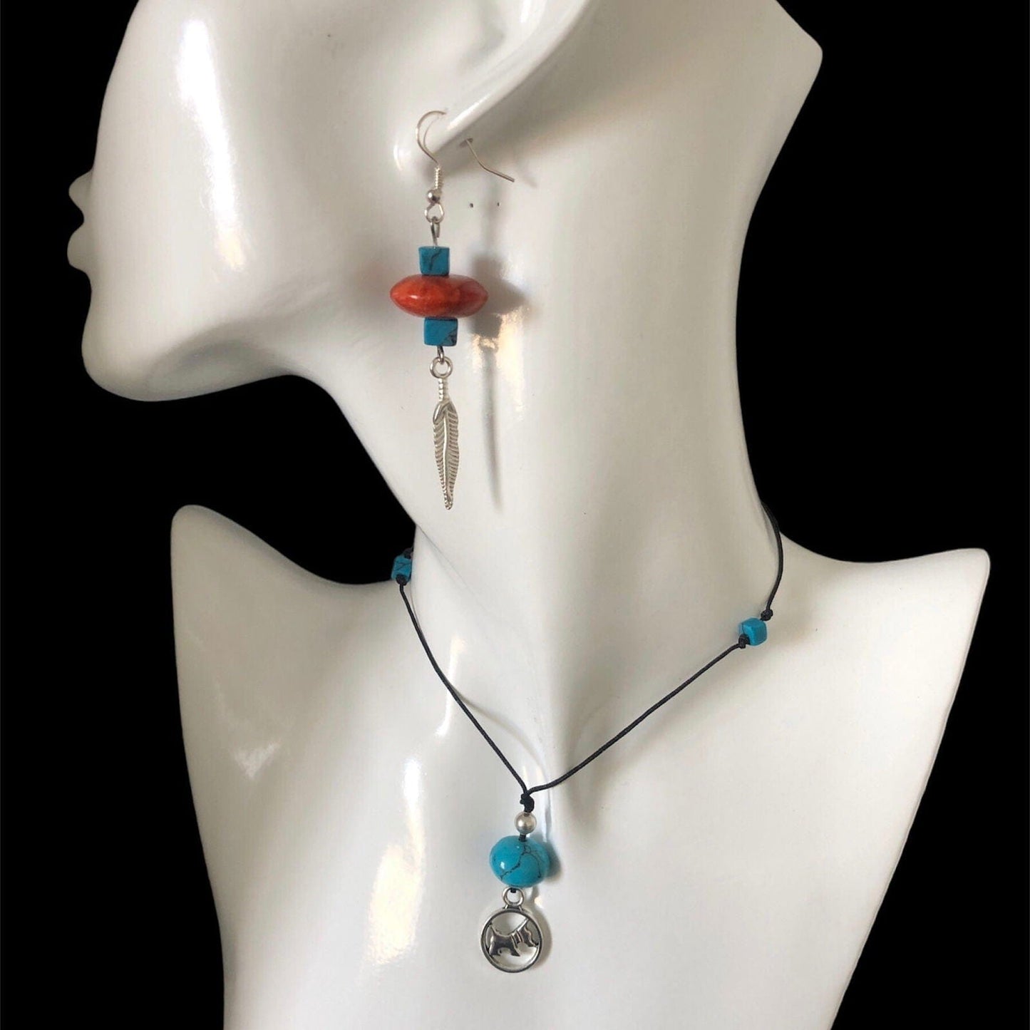 Silver Plated Dangle Earrings with Coral and Howlite