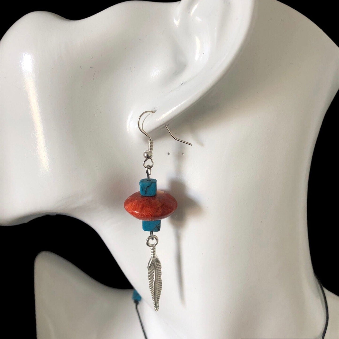 Silver Plated Dangle Earrings with Coral and Howlite