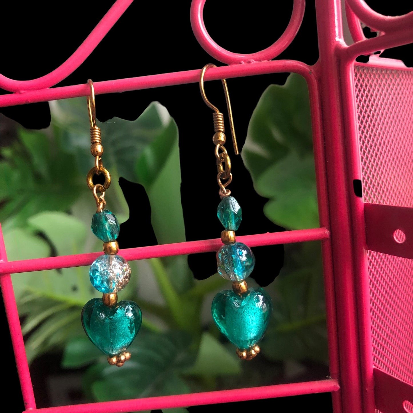 Turquoise Glass Hearts Dangle Earrings